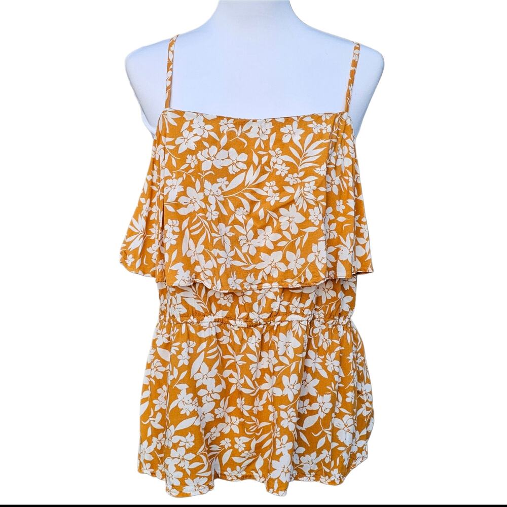 Yellow Floral Top Old Navy Size L Large Sleeveless Tank Ruffle Peplum Mustard